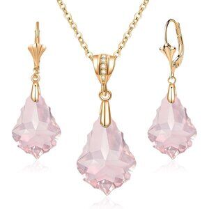 👑Women Pink Necklace Drop Dangle Earrings 14K Gold Plated Jewelry Set